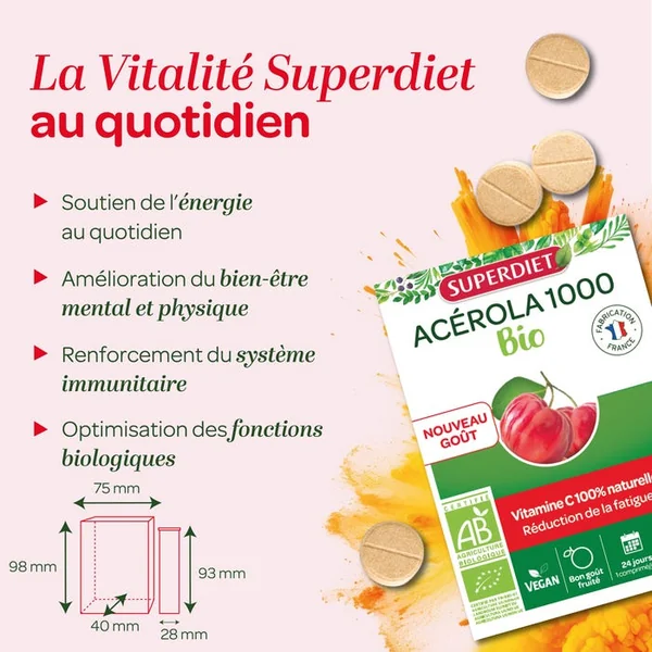 ACÉROLA 1000 BIO - Réduction de la fatigue, 24 Comprimés à Croquer