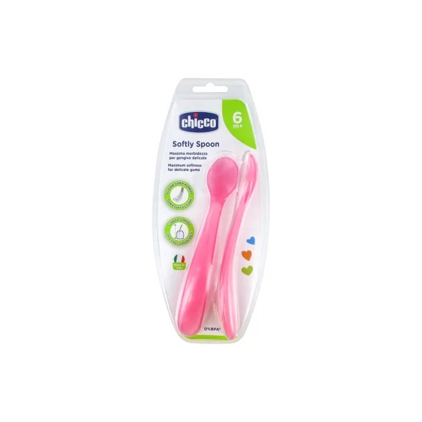 Chicco Softly Spoon 2 Cuillères Souples 6 Mois et + - Couleur : Rose