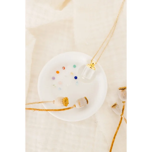 Collier amulette fiole de verre ronde VOEUX