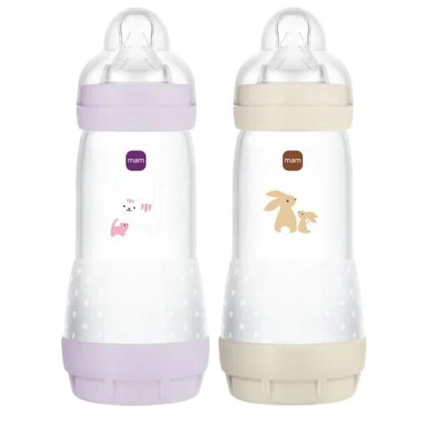EASY START - Biberons Anti-Colique Débit 3 - Dès 4 mois - Lilas et Sable - 320ml, 2 Unités
