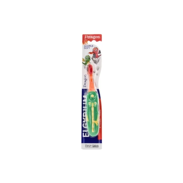 Elgydium Dragon Brosse à Dents 2-6 Ans Souple - Couleur : Vert et Orange