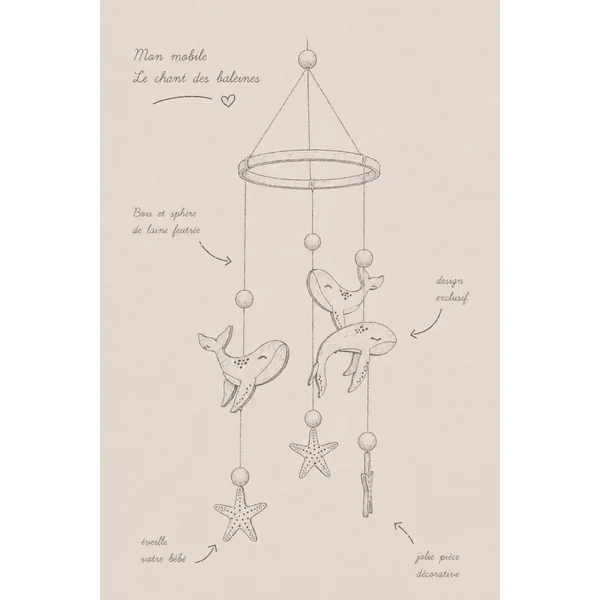 Mobile pour bebe baleine en bois LE CHANT DES BALEINES