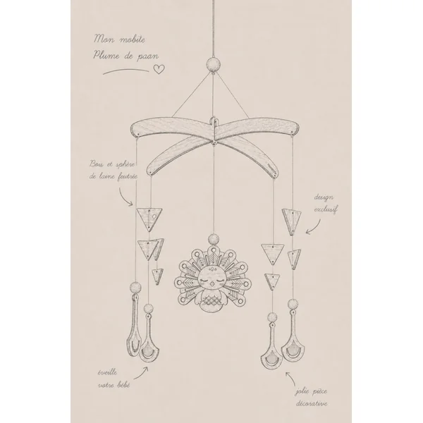 Mobile pour bebe paon en bois PLUME DE PAON