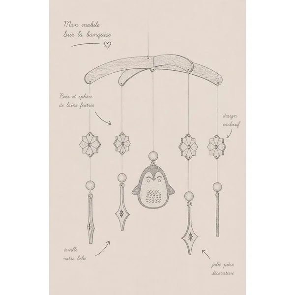 Mobile pour bebe pingouin en bois SUR LA BANQUISE