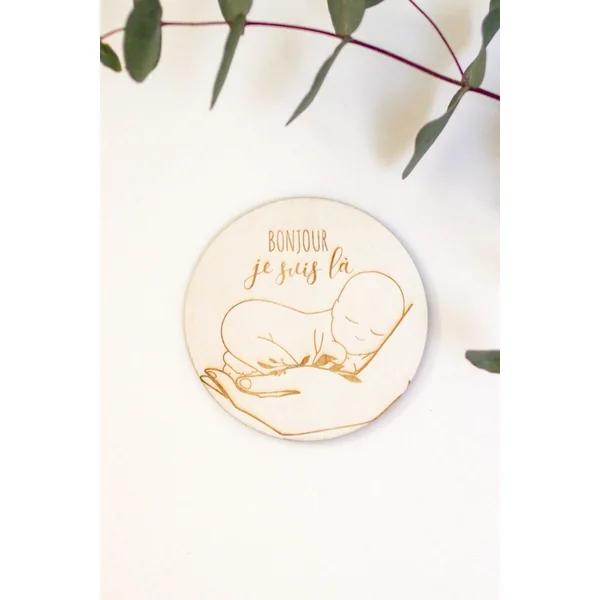 Médaillon de naissance en bois BONJOUR LE MONDE