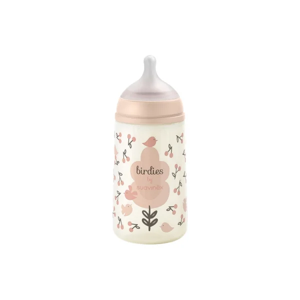 Suavinex Birdies Biberon Tétine Symétrique Débit Moyen 270 ml 3 Mois et + - Couleur : Rose